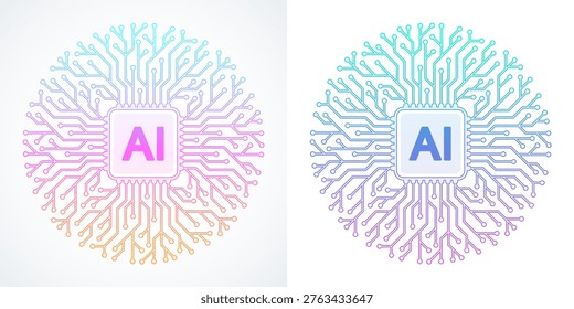 Modern handmade vector icon, sign, logo circuit line style in the Artificial intelligence concept. Set AI processor icon flat design. Motherboard digital chip AI