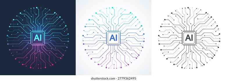 Modern handmade vector icon, sign, logo circuit line style in the Artificial intelligence concept. Set AI processor icon flat design. Motherboard digital chip AI