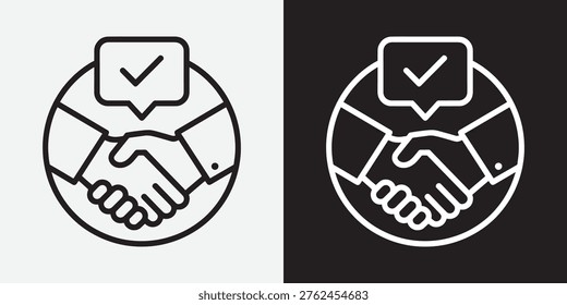 Modern handshake icon representing business agreement, partnership, trust, and successful deal confirmation. Includes line and solid style variations with check mark symbol, perfect for corporate, finance, teamwork, contract, and collaboration concepts. Clean and minimal vector EPS format ideal for UI, apps, and web design.