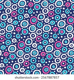 Modern handwritten abstract geometric background. Hand drawn circles, dots for seamless pattern. Simple elements: white rings, pink specks on dark blue purple backdrop. Texture for wallpaper, fabric.