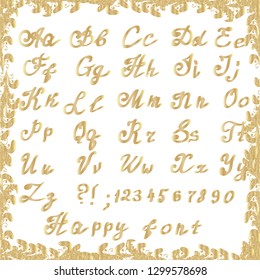 Modern handwritten brush lettering ornamental background with letters. Monochrome. Alphabet. Hand drawn vector abc. Design for fabric, textile, wrapping. Beige, white colors. Calligraphic bold font.
