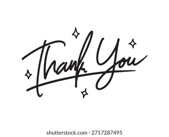 Modernes handgeschriebenes "Danke"-Skript mit süßer funkelt doodle Illustration. Saubere und freundliche handgezeichnete Vektorgrafik, perfekt für Grußkarten, Kundenbewertungen, Hochzeitseinladungen und Social-Media-Inhalte.