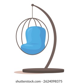 Modern hanging swing chair with blue pillow relaxing on white background