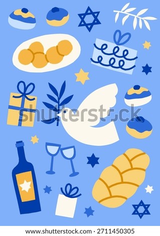 Modern Hanukkah vector card print. Cute jewish holidays illustrations of sufganiot, donuts, latkes, challah, oil, vine, dove