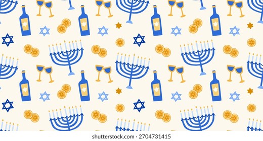 Vetor de Chanucá moderno padrão sem emenda. Judeus feriados embrulhando design de papel com menorá, estrela de David, moedas, videira
