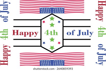Modern Happy 4th of July Vector with Hexagon Badge and Vertical American Flag Typography Layout