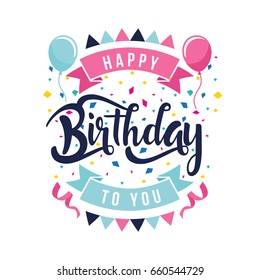 Modern Happy Birthday Card Illustration - Clean Flat Birthday Hand Lettering Typography