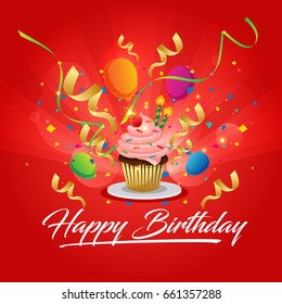 Modern Happy Birthday Card Illustration - Red Cupcake Celebration