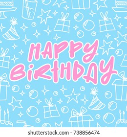 Modern Happy Birthday cards template with party elements on light blue background with lettering in pink. Simple festive design for birthday or anniversary celebration.