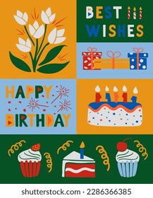 Modern Happy birthday hand drawn vector concept. Elements for birthday party in flat minimalistic style. Perfect for social media, graphic poster, postcard, background, print, fabric pattern, cover