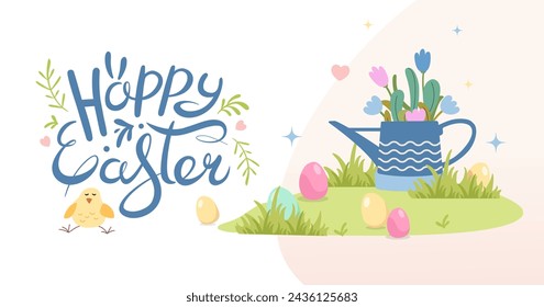 Modern happy Easter banner with chicken, garden watering can and colored eggs. Cute bird and lettering. Spring minimal style. Horizontal festive background for invitations. Vector flat illustration.