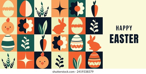 Modern Happy Easter banner. Geometric shapes, forms, rectangles and circles. Flowers and eggs, rabbits, chicken. Modern trendy minimalist Bauhaus style. Vector. Illustration. Abstract design. Pattern