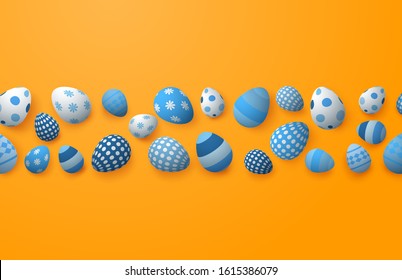 Modern happy Easter day with 3d Easter eggs in a row on background. Vector illustration. banner, poster, backdrop, wallpaper.