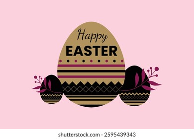 Modern Happy Easter Greeting Card with Stylish Decorative Eggs and Floral Accents on a Pink