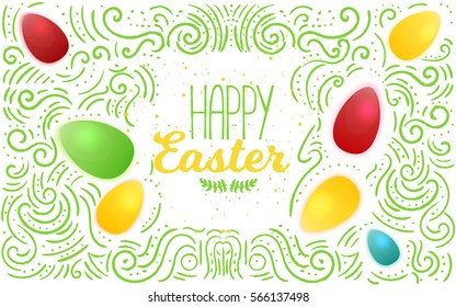 Modern Happy Easter lettering on white background with decorative lines and colorful eggs. Stylish card greeting, site banner, header.
