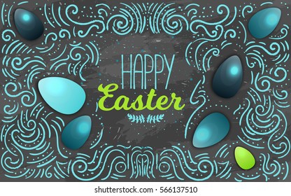 Modern Happy Easter lettering on dark chalkboard background with decorative lines and colorful eggs. Stylish card greeting, site banner, header.