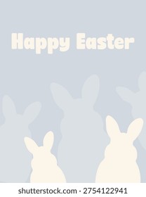 Modern Happy Easter vector poster featuring layered bunny silhouettes in a dusty blue and cream palette. Minimalist greeting card for holiday decor and spring branding.