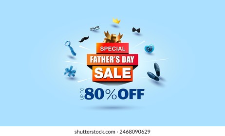 Modern Happy father's day. Props design of father elements with Fathers day shopping and sale 80% off offer deal discount 3d background.