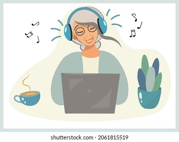 Modern Happy Grandmother With Laptop Concept. The Pensioner Listens To Music, Communicates, Plays, Does Work, Drinks Coffee. Versatile Design. Vector Isolated Illustration, Cartoon Flat