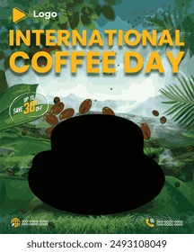 Modern happy international day of coffee with social media post banner template luxury | International day of coffee social media sale banner | coffee mug cup coffee elements social media poster