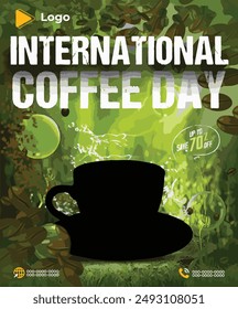 Modern happy international day of coffee with social media post banner template luxury | International day of coffee social media sale banner | coffee mug cup coffee elements social media poster