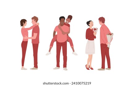 Modern Happy Loving Couples During Valentines Day. White Women, Black Women, White Men, Black Men, Diverse Characters. Flat Vector Illustration Isolated, White Background