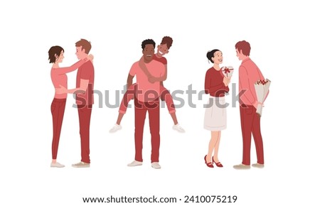 Modern Happy Loving Couples During Valentines Day. White Women, Black Women, White Men, Black Men, Diverse Characters. Flat Vector Illustration Isolated, White Background