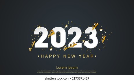 Modern happy new 2023 year with ribbon on red background.