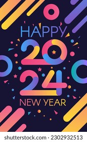 Modern Happy New 2024 Year Holiday poster in night blue sky colors with date 2024 and holiday attributes. Template for printing, announcement poster for inviting guests to celebration. Vector