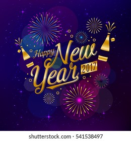 Tarjeta de celebración de Año Nuevo Feliz 2017, apropiada para invitaciones, banner web, medios sociales y ocasión relacionada con Año Nuevo