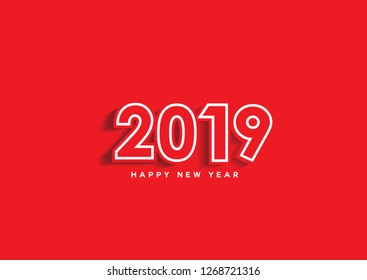 Modern Happy New Year 2019 text design. Vector greeting card with 
numbers using white lines on red background. Illustrations. Template designs