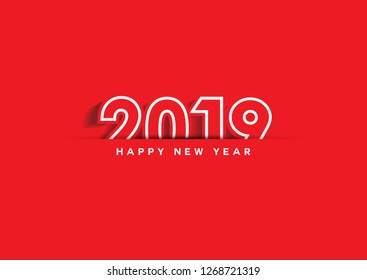 Modern Happy New Year 2019 text design. Vector greeting card with 
numbers using white lines on red background. Illustrations. Template designs