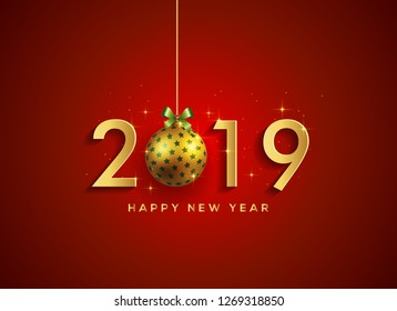Modern Happy New Year 2019 text design. Vector greeting illustration with golden numbers on red background. Illustrations. Template designs