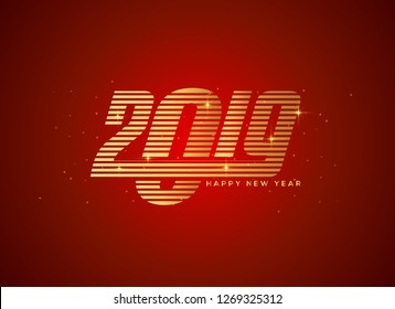 Modern Happy New Year 2019 text design. Vector greeting card illustration with gold numbers on red background. Template designs