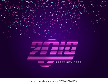 Modern Happy New Year 2019 text design. Vector greeting card illustration with numbers on purple background. Template designs