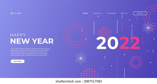 Modern happy new year 2022 and Merry Christmas landing page web background template with colorful geometric Memphis style.