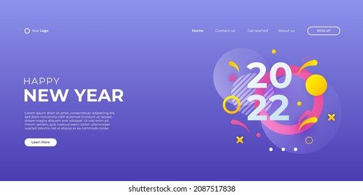 Modern Happy New Year 2022 And Merry Christmas Landing Page Web Background Template With Colorful Geometric Memphis Style.