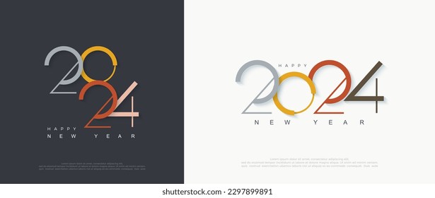 Diseño moderno y feliz del año 2024, con hermosos números coloridos. Ilustración portadora premium para banner, afiche, calendario y saludos feliz año nuevo 2024.