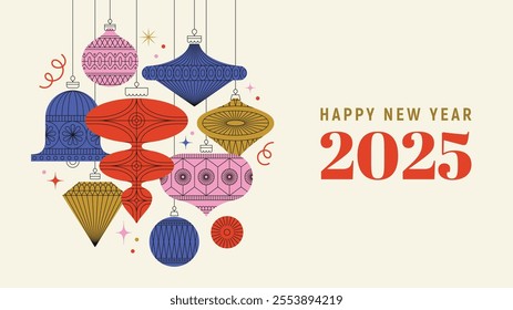 Modern Happy New Year 2025 design with geometric ornaments and minimal style. Perfect for festive greetings, seasonal decor, and celebration projects.