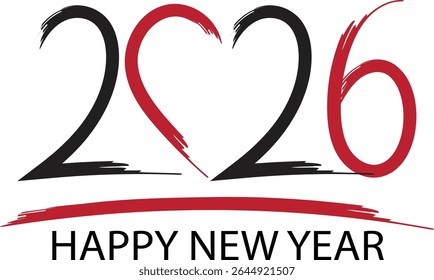 Modern "Happy New Year 2026" design featuring bold black and red typography with a heart-shaped number 2, perfect for festive greetings and banners.