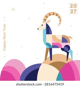 Modern Happy New Year 2027 greeting card with geometric goat in minimalist abstract style with copy space for holiday greetings, invitations, posters, postcards, branding, seasonal marketing. Vector
