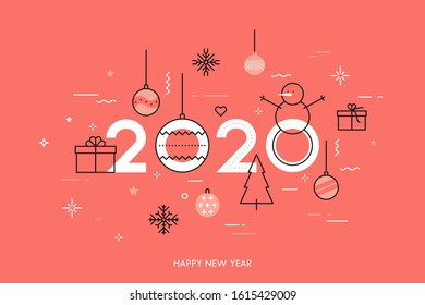 Modern Happy New Year banner template with 2020 date decorated by baubles, snowflakes, snowman, gift boxes. Festive vector illustration in thin line style for greeting card, party invitation.