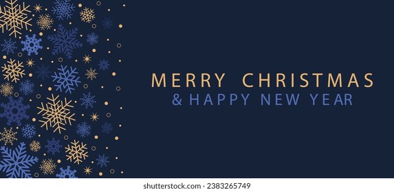 Modern Happy New Year design made of beautiful blue, gold snowflakes and Christmas star. Winter dark blue background with falling snow. Christmas decor.