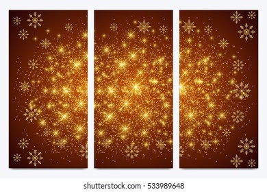 Modern Happy New Year set of vector flyers. Christmas background. Design templates with snowflakes. Invitation cards surface