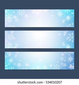 Modern Happy New Year set of vector banners. Christmas background. Design templates with snowflakes. Invitation cards surface