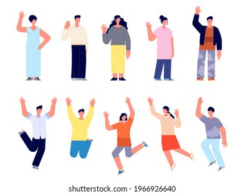 Modern happy people characters. Cartoon female, young happy woman man greetings. Isolated smiling business adult, jump person utter vector set