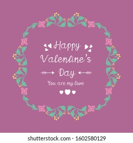 Modern happy valentine greeting card design, with elegant leaf and pink wreath frame. Vector