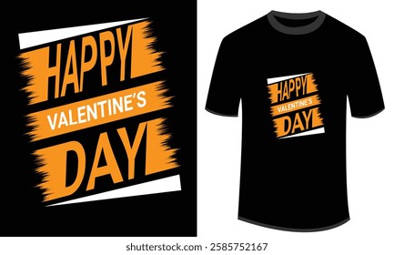 Modern 'Happy Valentine's Day' typography t-shirt design with bold orange and white strokes on a black background. Perfect for Valentine's Day celebrations or gift ideas. Stylish and eye-catching.