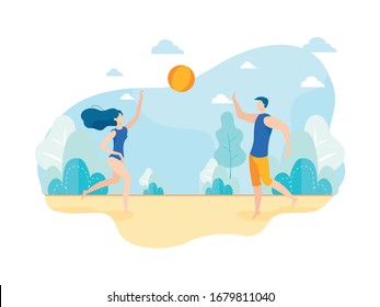 Jóvenes felices modernos juegan voleibol en temporada de verano en la playa. Amigos, hombre y mujer tirando abajo una pelota debajo de la arena. Personaje femenino en traje de baño. Pasatiempo activo, Juego, Deporte y Fitness.