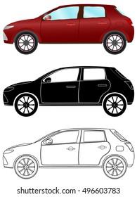 Modern hatchback car in three different types: colored, black silhouette, contour. Vector illustration